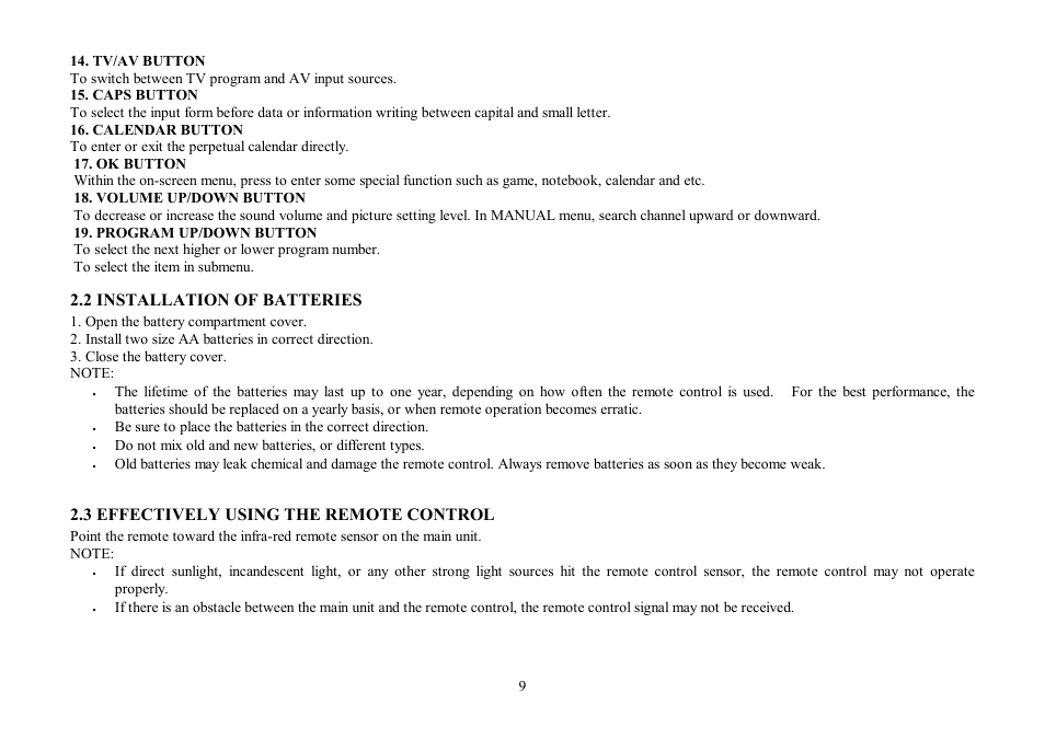 2 installation of batteries, 3 effectively using the remote control | Hyundai H-TV2107 User Manual | Page 9 / 48