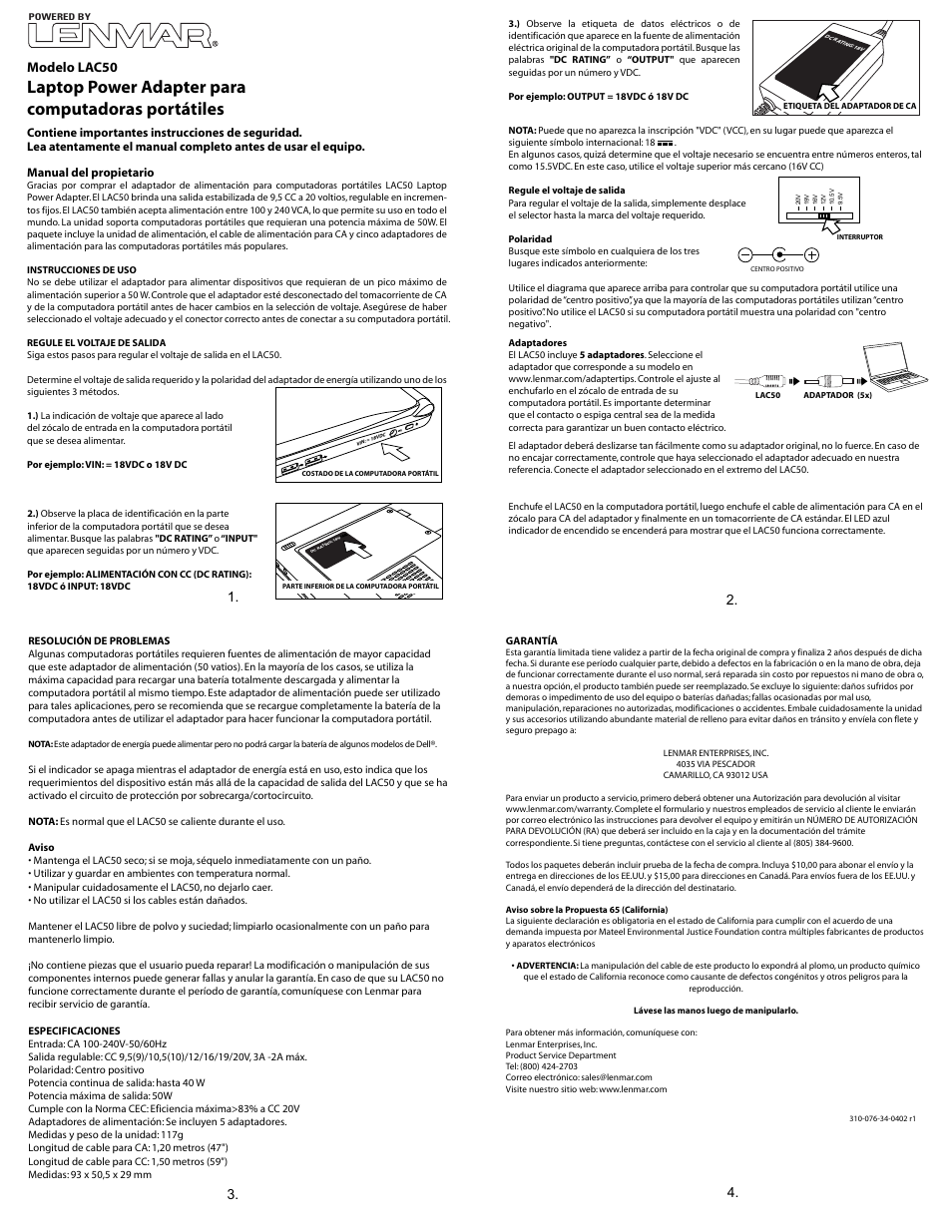Lac50 spa, Laptop power adapter para computadoras portátiles, Modelo lac50 | Lenmar LAC50 User Manual | Page 3 / 3