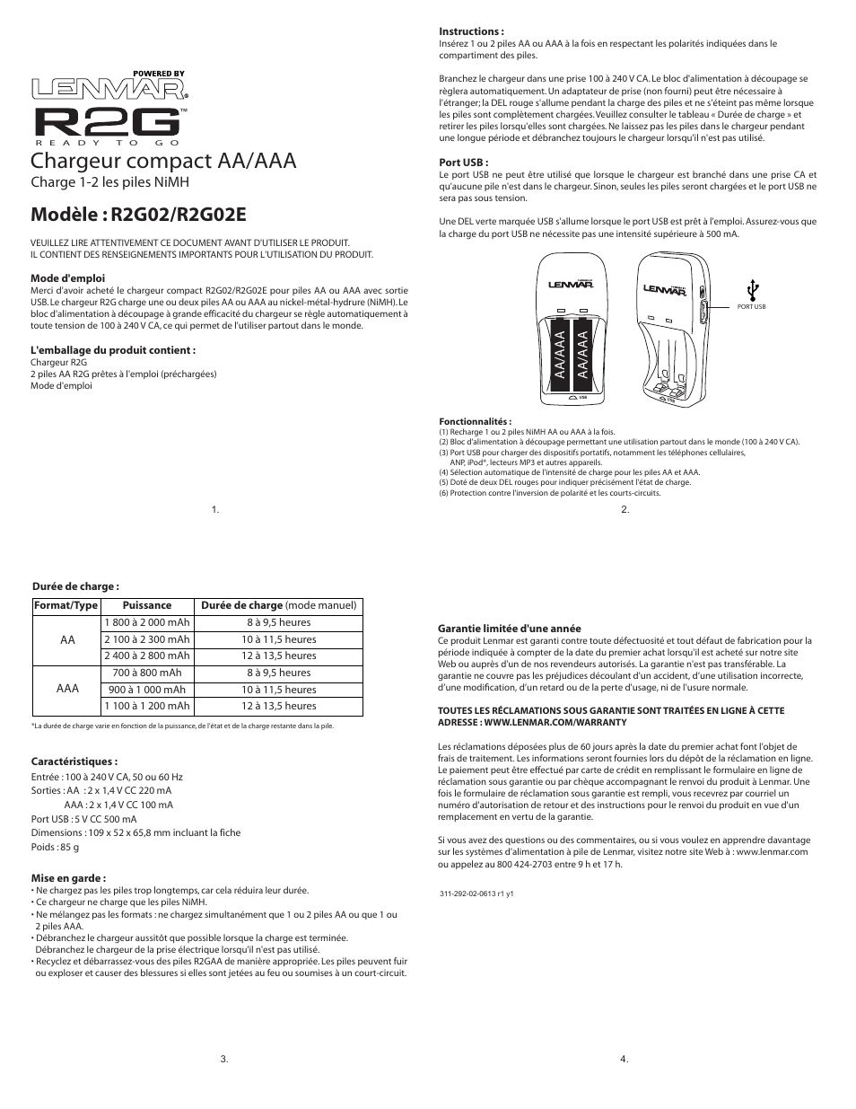 R2g02_emanual_fre.ai, Chargeur compact aa/aaa, Charge 1-2 les piles nimh | Aa/aaa, Aa aaa | Lenmar R2G02 User Manual | Page 2 / 4