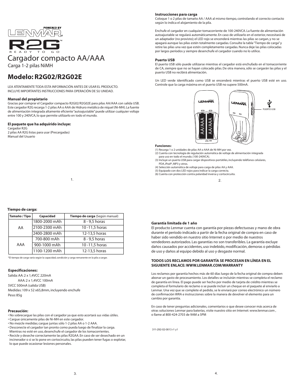 R2g02_emanual_spa.ai, Cargador compacto aa/aaa, Carga 1-2 pilas nimh | Aa/aaa | Lenmar R2G02 User Manual | Page 4 / 4