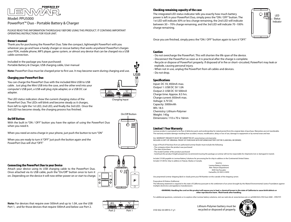Lenmar PPU5000 User Manual | 3 pages