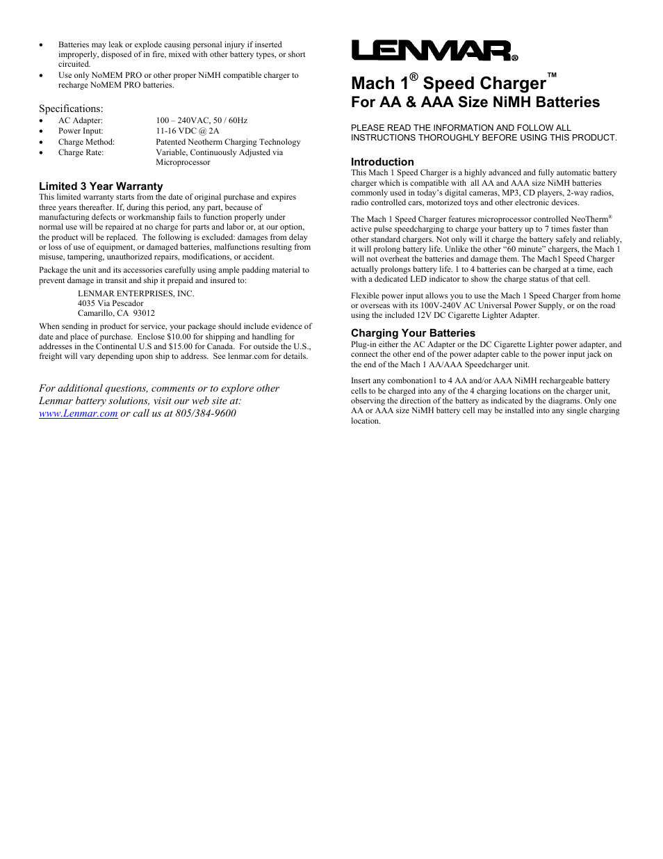 Lenmar Enterprises Lenmar Mach 1 Speed Charger User Manual | 2 pages