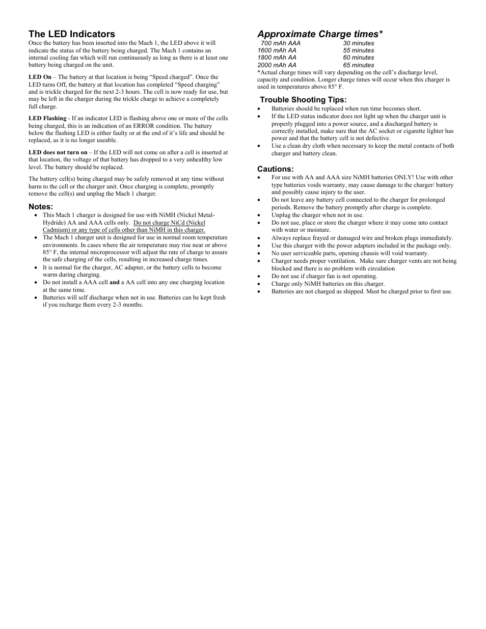 The led indicators, Approximate charge times | Lenmar Enterprises Lenmar Mach 1 Speed Charger User Manual | Page 2 / 2