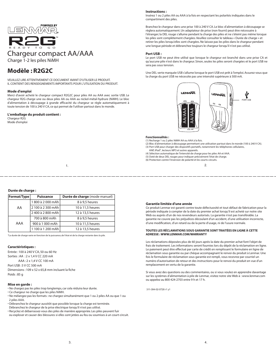 R2g2cmanual_fre.ai, Chargeur compact aa/aaa, Modèle : r2g2c | Charge 1-2 les piles nimh, Aa/aaa | Lenmar R2G2C User Manual | Page 2 / 3