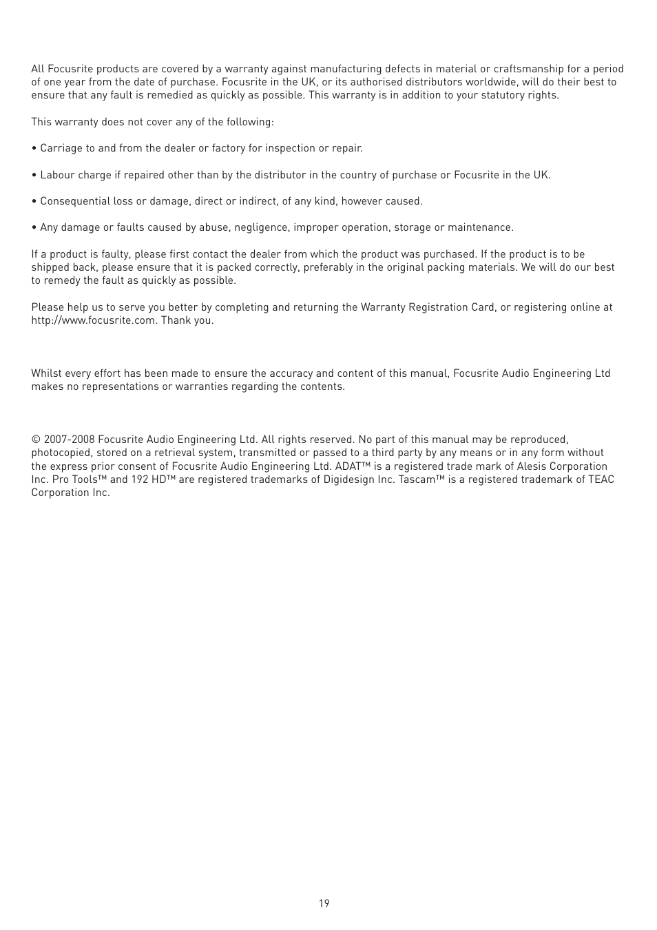 Warranty | Legend Audio ISA 828 User Manual | Page 19 / 21