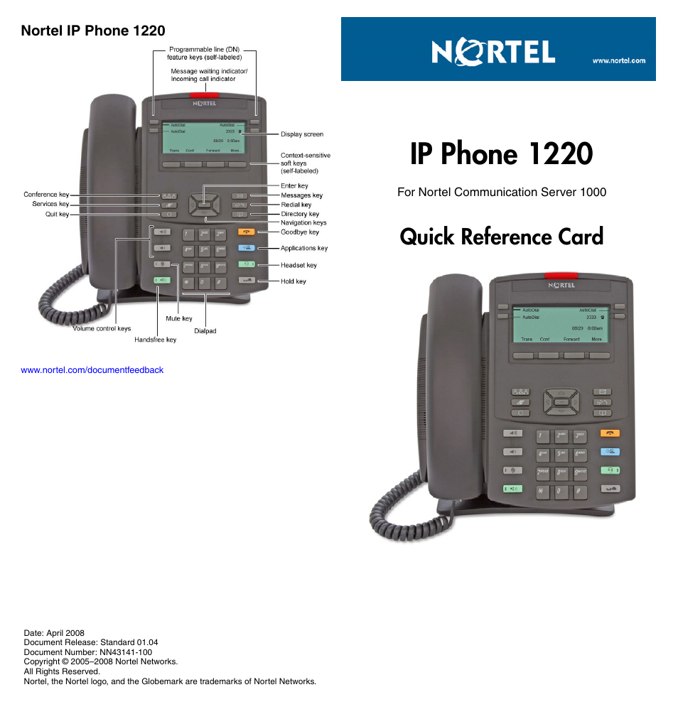 Ip phone 1220, Quick reference card | Legend Audio NORTEL 1220 User Manual | Page 2 / 2