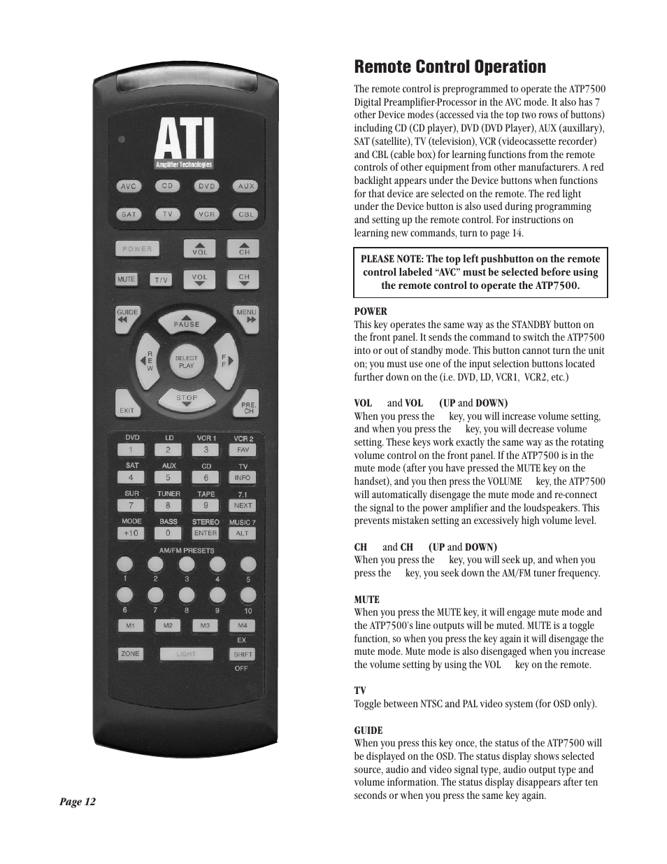 Remote control operation | Legend Audio ATP 7500 User Manual | Page 12 / 20