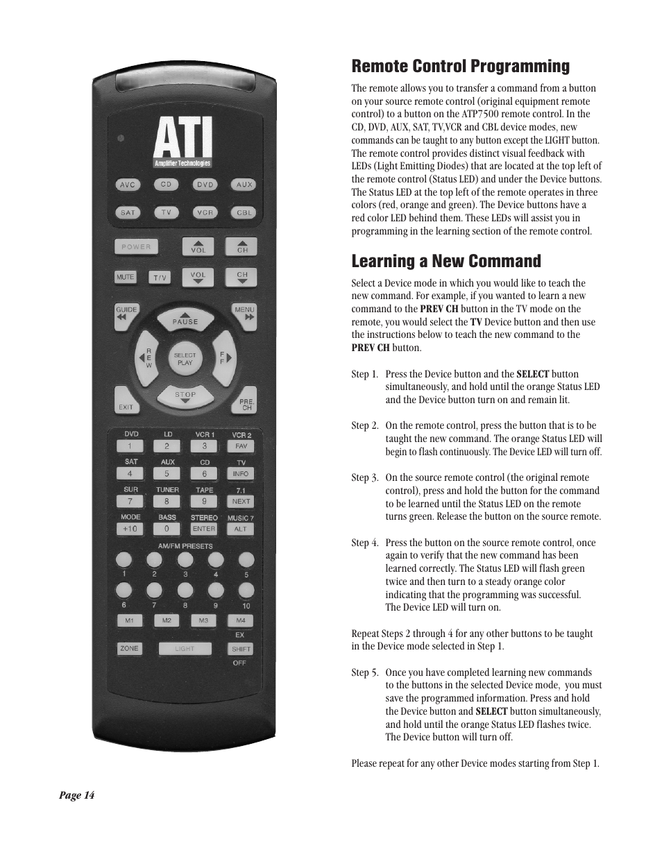 Remote control programming, Learning a new command | Legend Audio ATP 7500 User Manual | Page 14 / 20