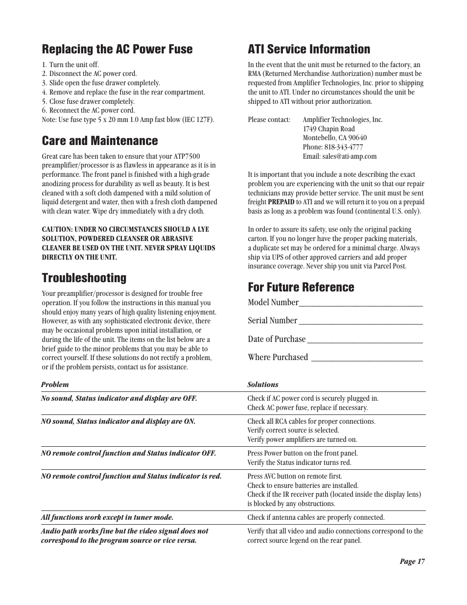 Replacing the ac power fuse, Care and maintenance, Troubleshooting | Ati service information, For future reference | Legend Audio ATP 7500 User Manual | Page 17 / 20