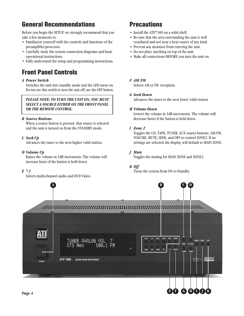 General recommendations, Precautions, Front panel controls | Legend Audio ATP 7500 User Manual | Page 4 / 20