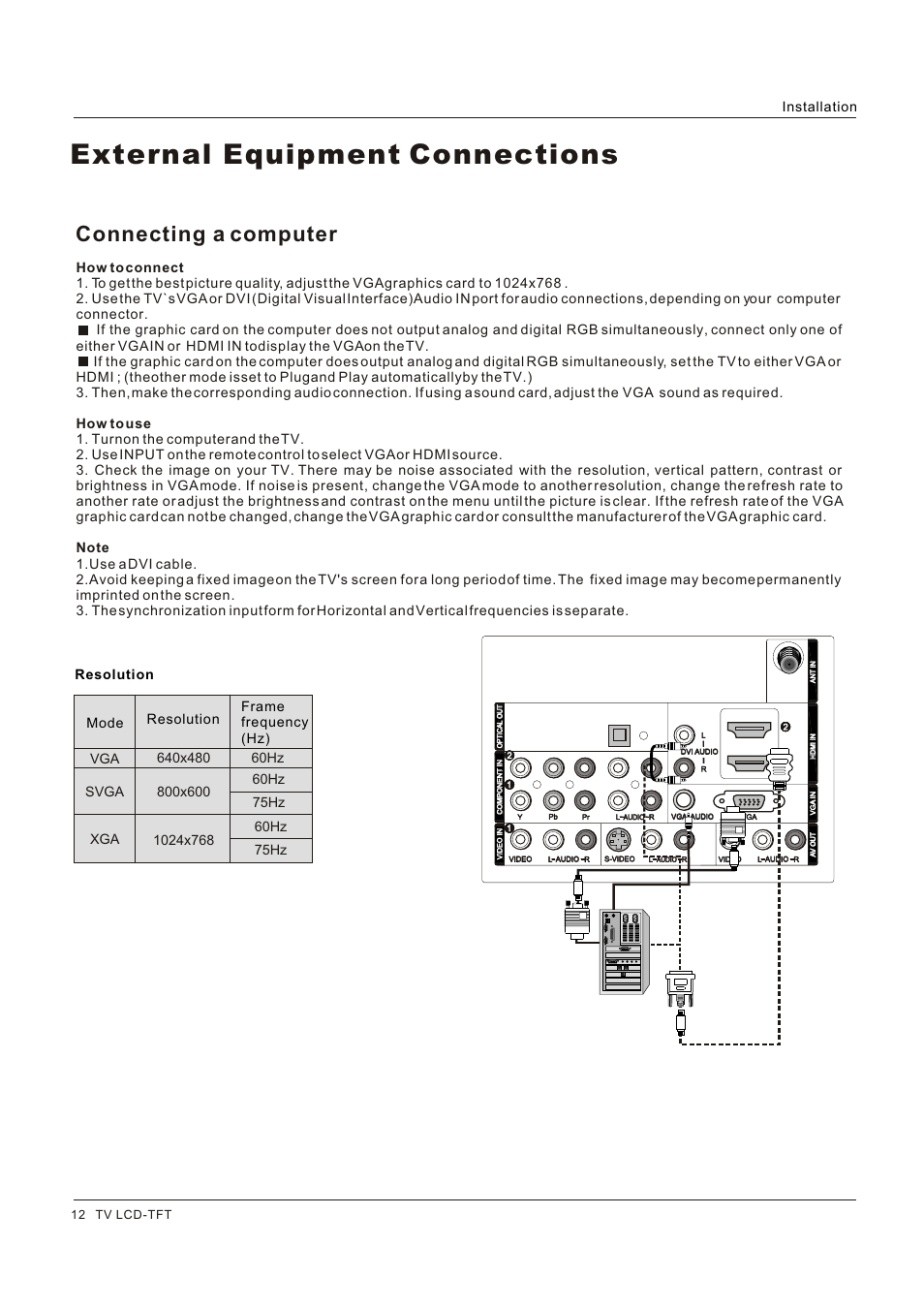 External equipment connections, Connecting a computer, Installation 75hz | 75hz | Legend Audio L4269 User Manual | Page 12 / 44