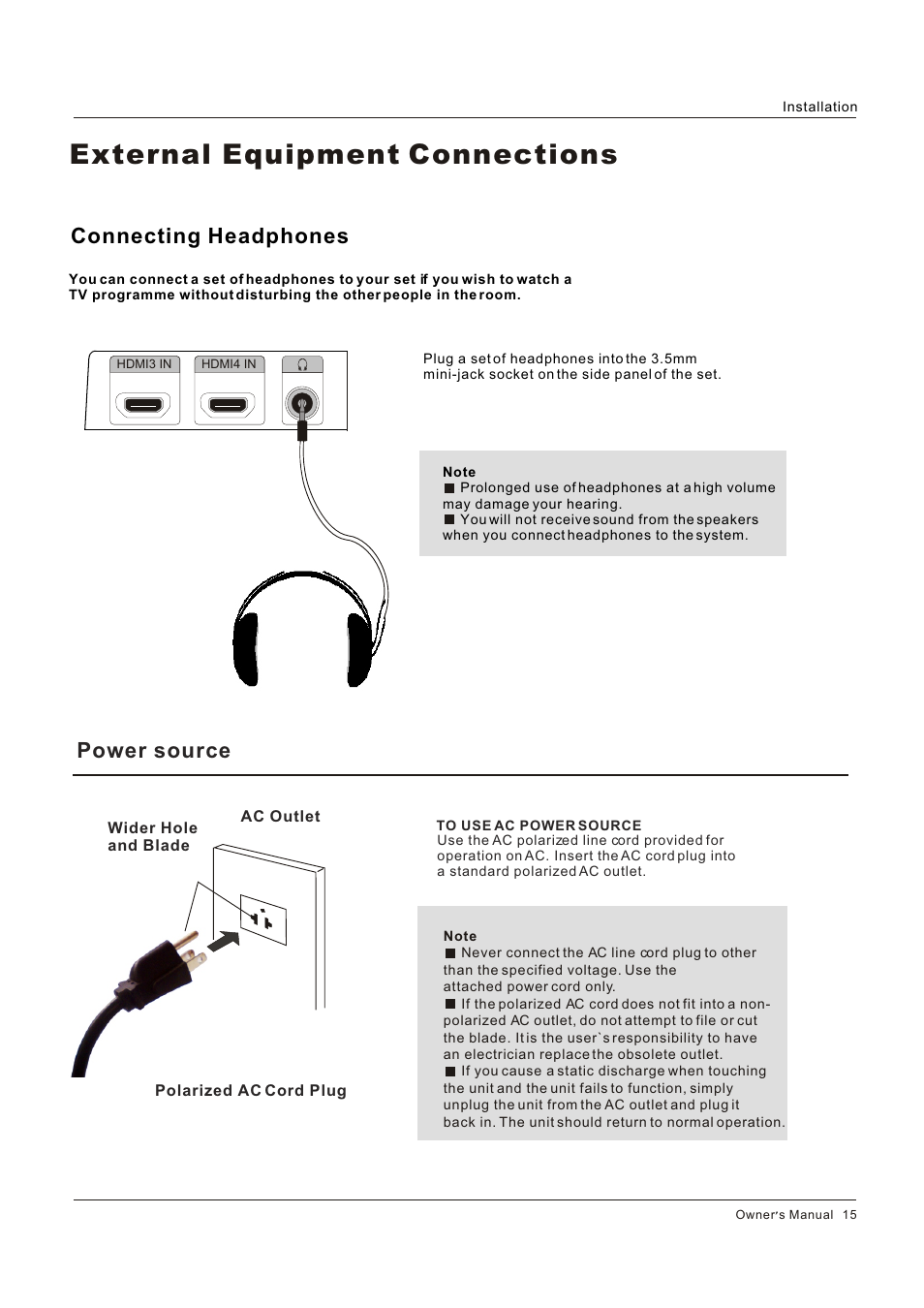 External equipment connections, Connecting headphones, Power source | Legend Audio L4269 User Manual | Page 15 / 44