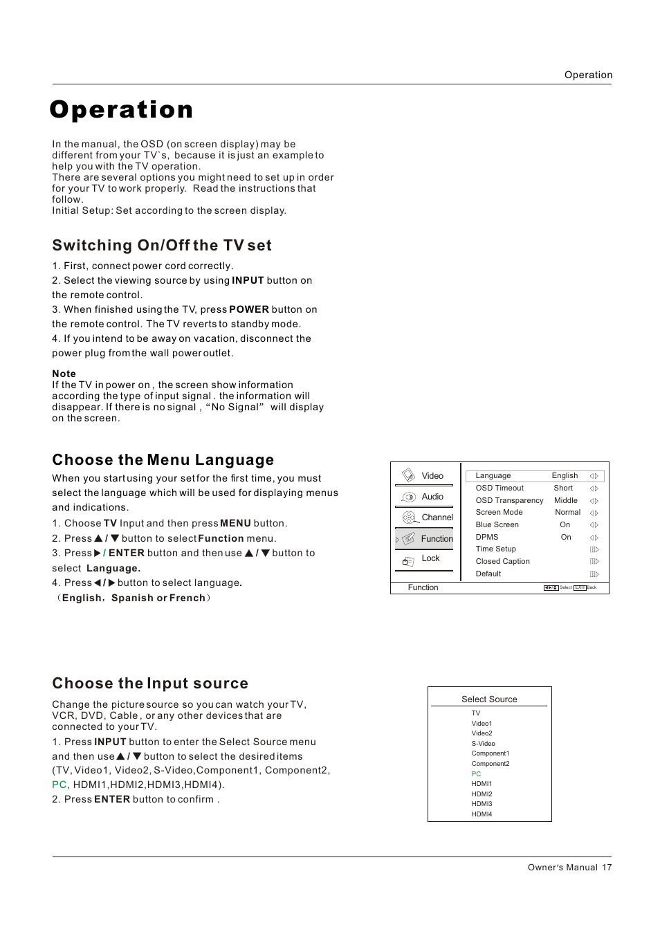 Operation, Choose the menu language | Legend Audio L4269 User Manual | Page 17 / 44