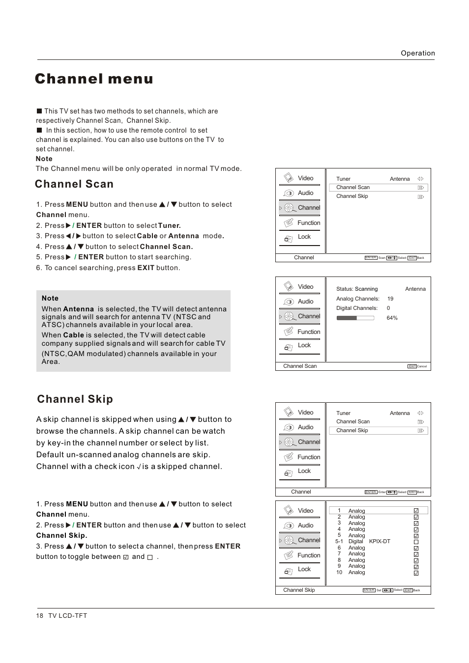 Channel menu, Channel scan channel skip | Legend Audio L4269 User Manual | Page 18 / 44