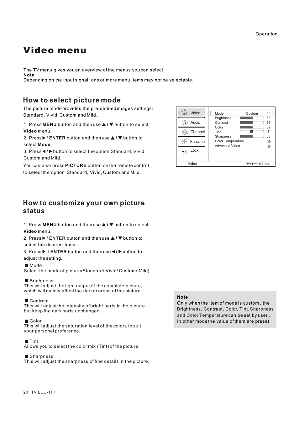 Video menu, How to customize your own picture status, How to select picture mode | Legend Audio L4269 User Manual | Page 20 / 44