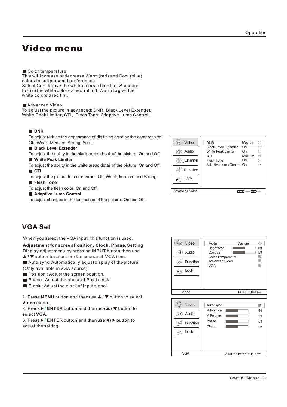 Video menu, Vga set | Legend Audio L4269 User Manual | Page 21 / 44
