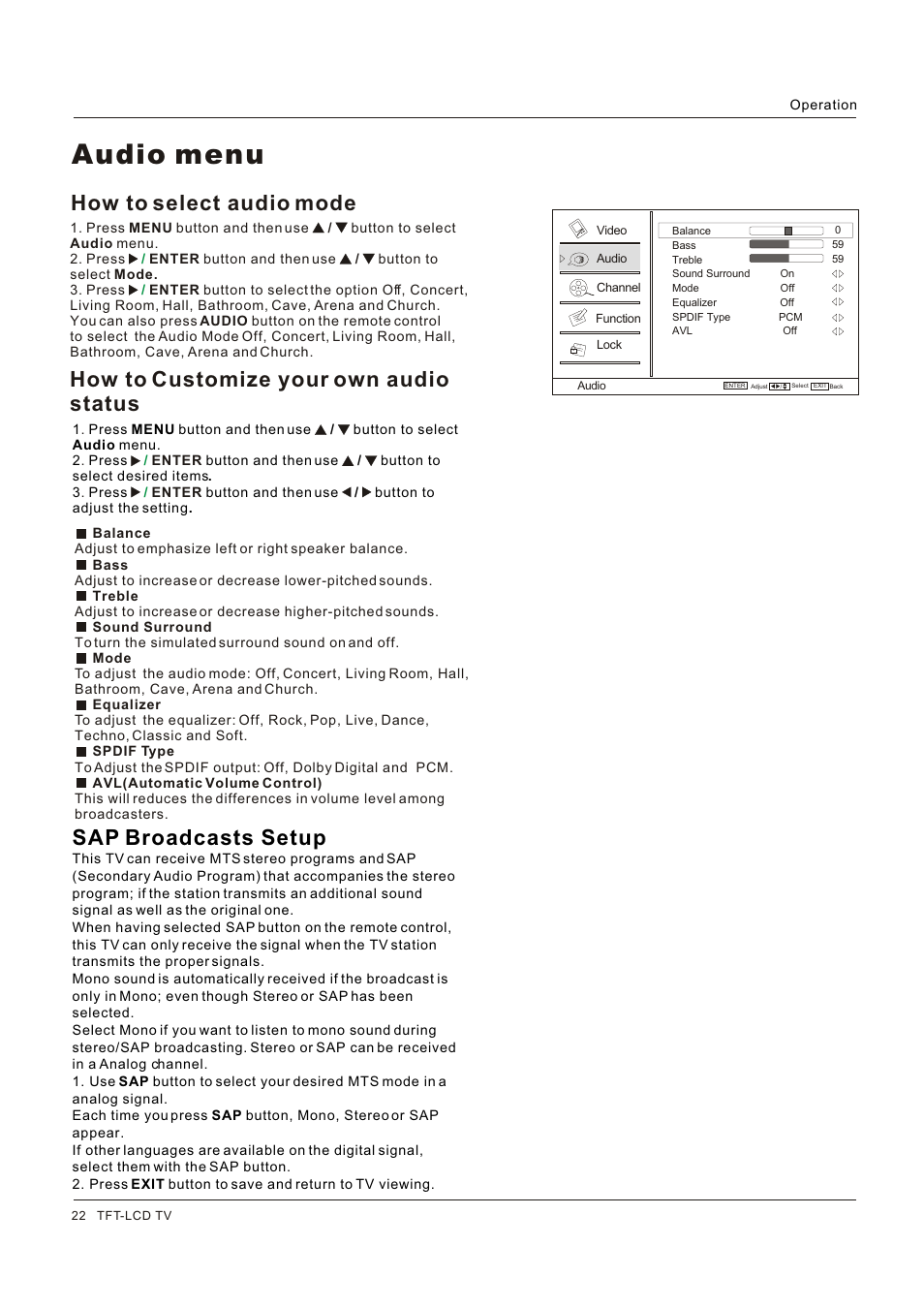 Audio menu, Sap broadcasts setup, How to select audio mode | How to customize your own audio status | Legend Audio L4269 User Manual | Page 22 / 44