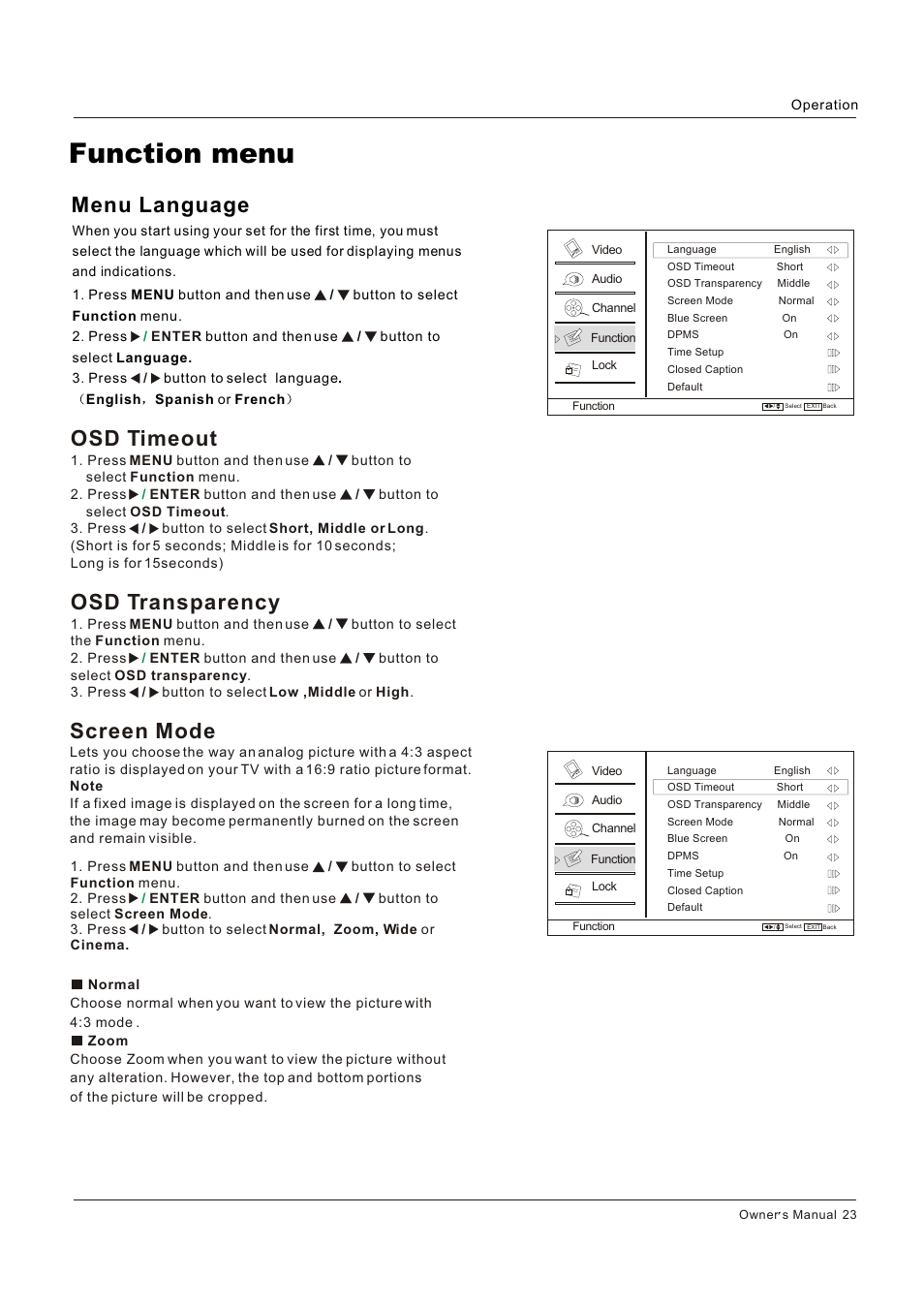 Function menu, Screen mode, Osd timeout | Osd transparency, Menu language | Legend Audio L4269 User Manual | Page 23 / 44