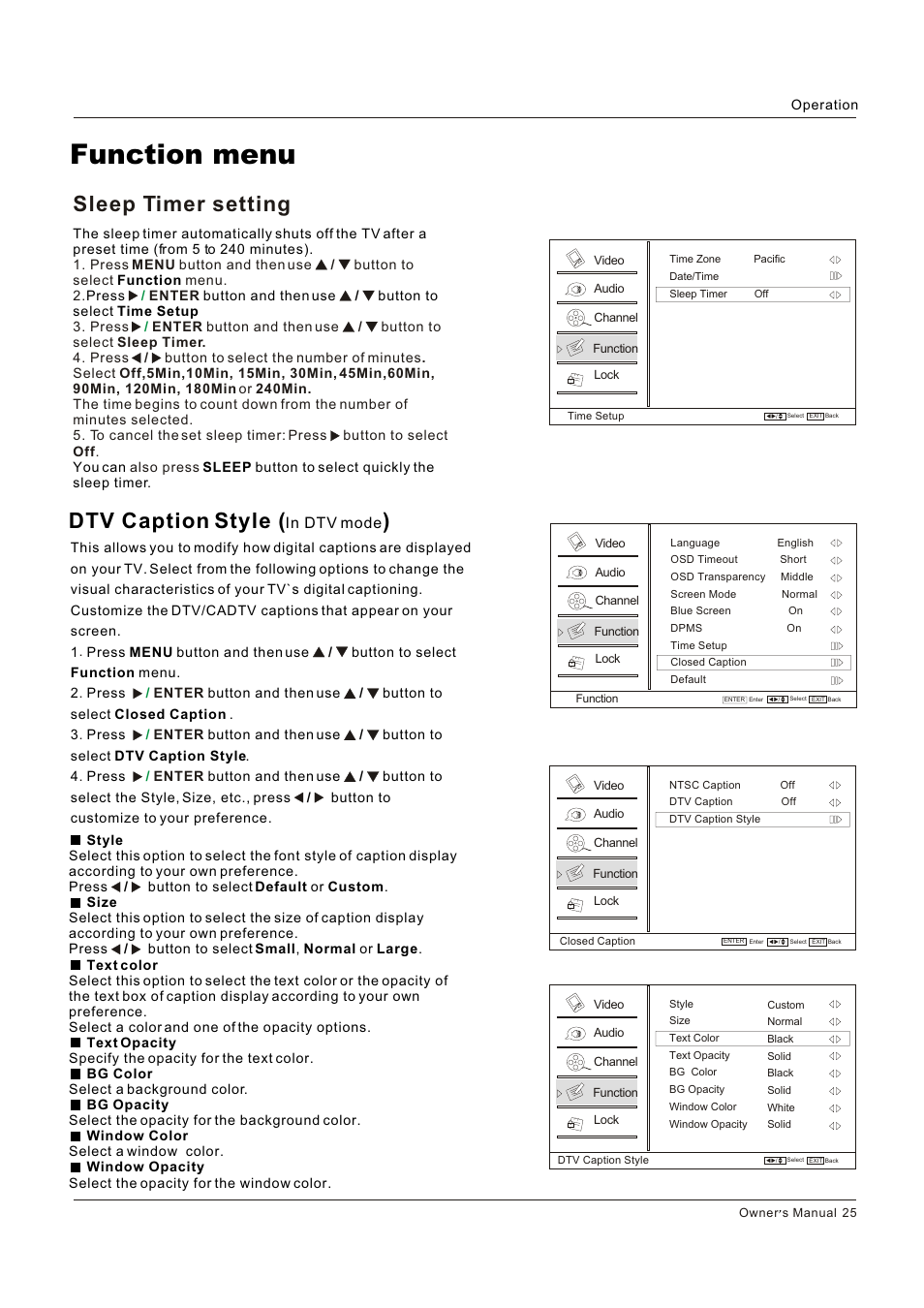 Function menu, Dtv caption style, Sleep timer setting | Legend Audio L4269 User Manual | Page 25 / 44