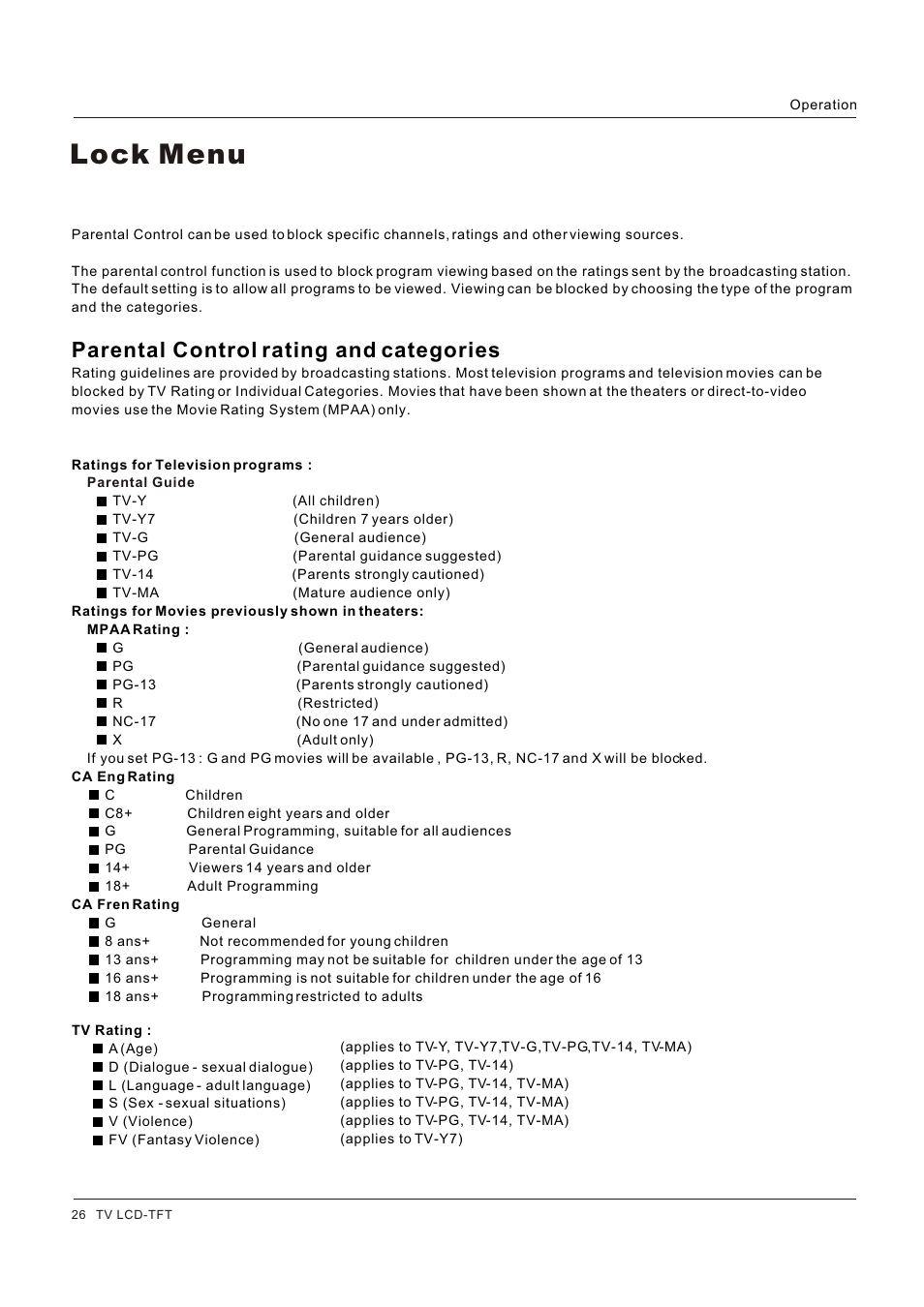 Lock menu, Parental control rating and categories | Legend Audio L4269 User Manual | Page 26 / 44