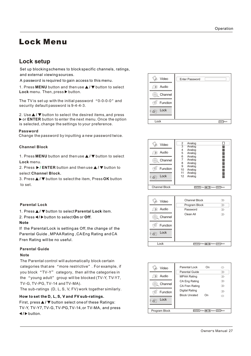 Lock menu, Lock setup | Legend Audio L4269 User Manual | Page 27 / 44