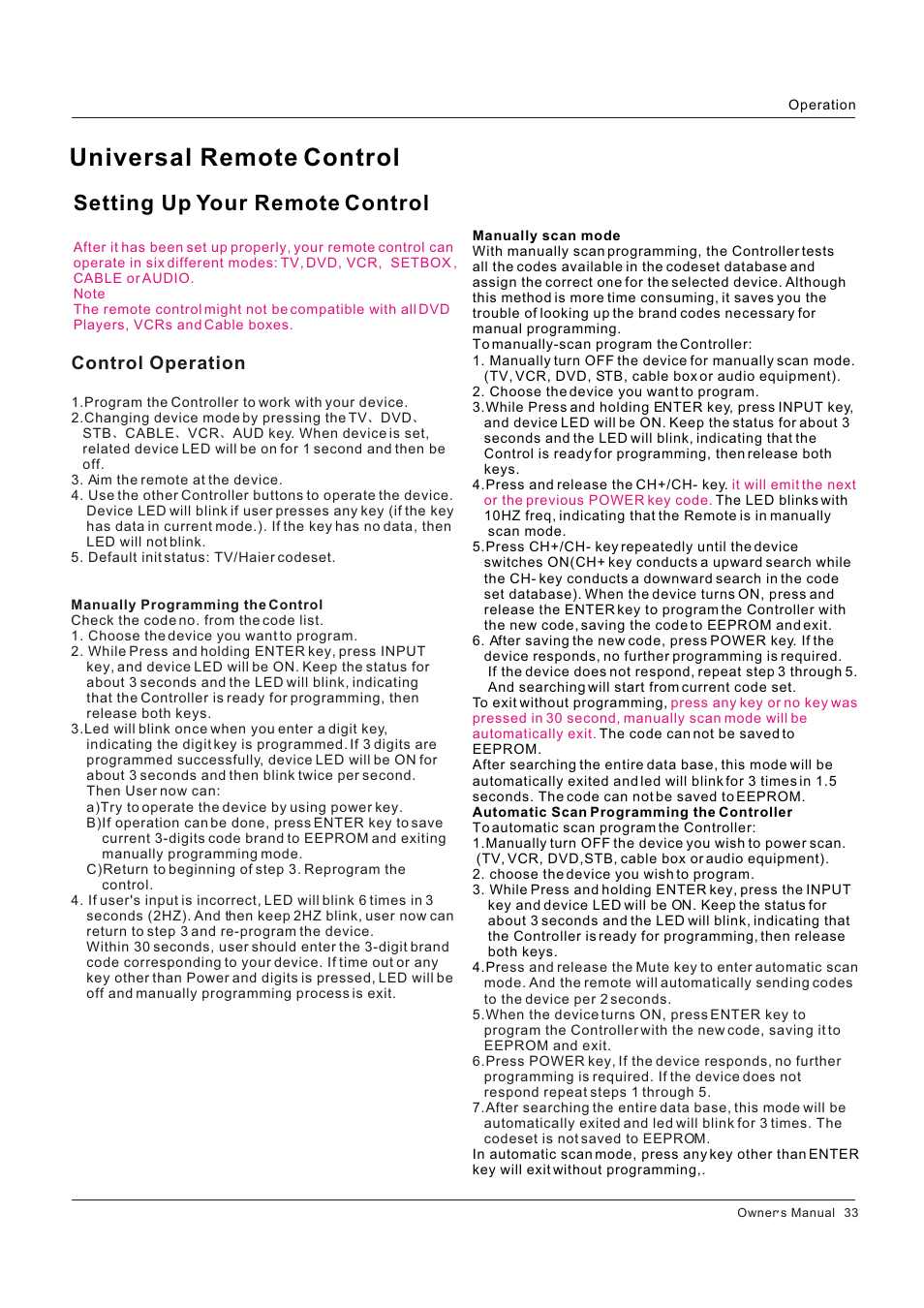 Universal remote control, Setting up your remote control, Control operation | Legend Audio L4269 User Manual | Page 33 / 44