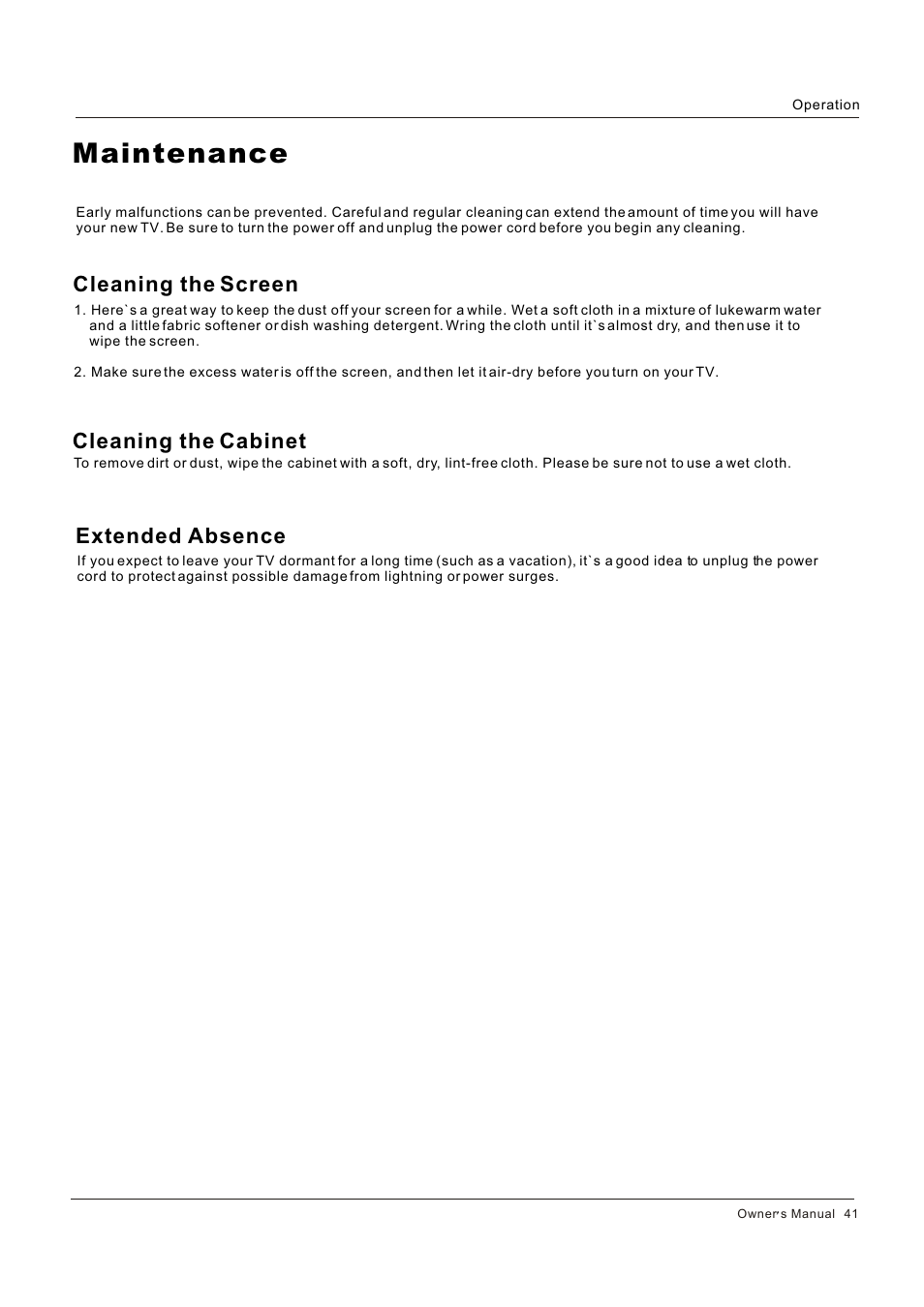 Maintenance, Cleaning the screen, Cleaning the cabinet extended absence | Legend Audio L4269 User Manual | Page 41 / 44