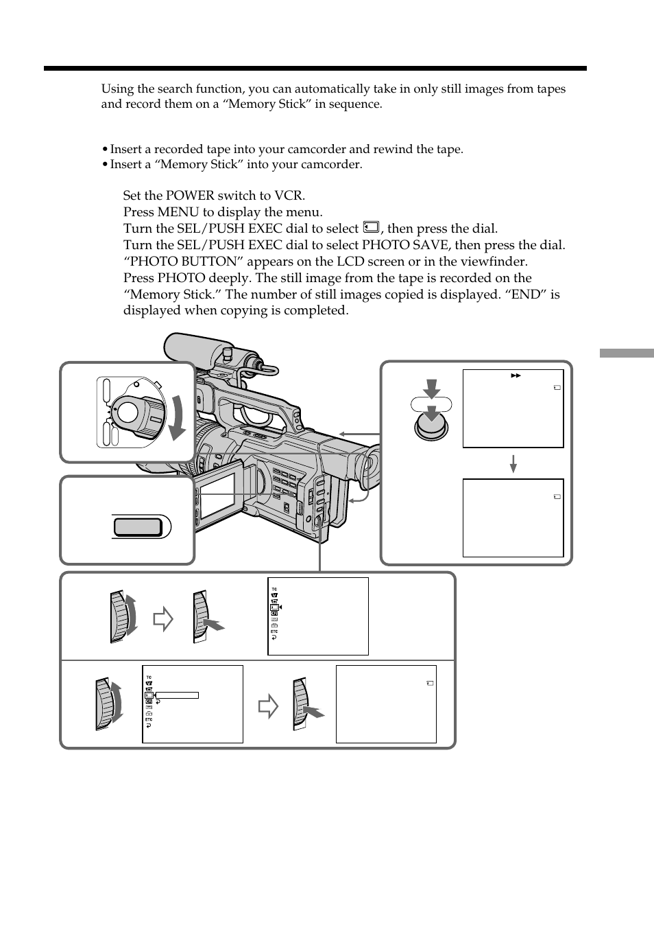 Copying still images from a tape – photo save, Photo button, Sav i ng 0 | End 4, Photo | Light & Motion DSR-PD150 User Manual | Page 127 / 172