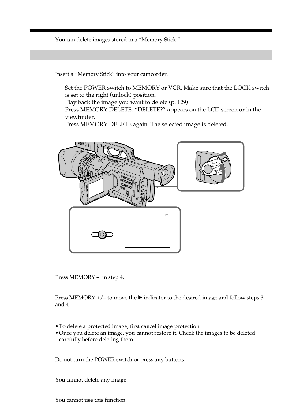 Deleting images, Deleting selected images | Light & Motion DSR-PD150 User Manual | Page 136 / 172