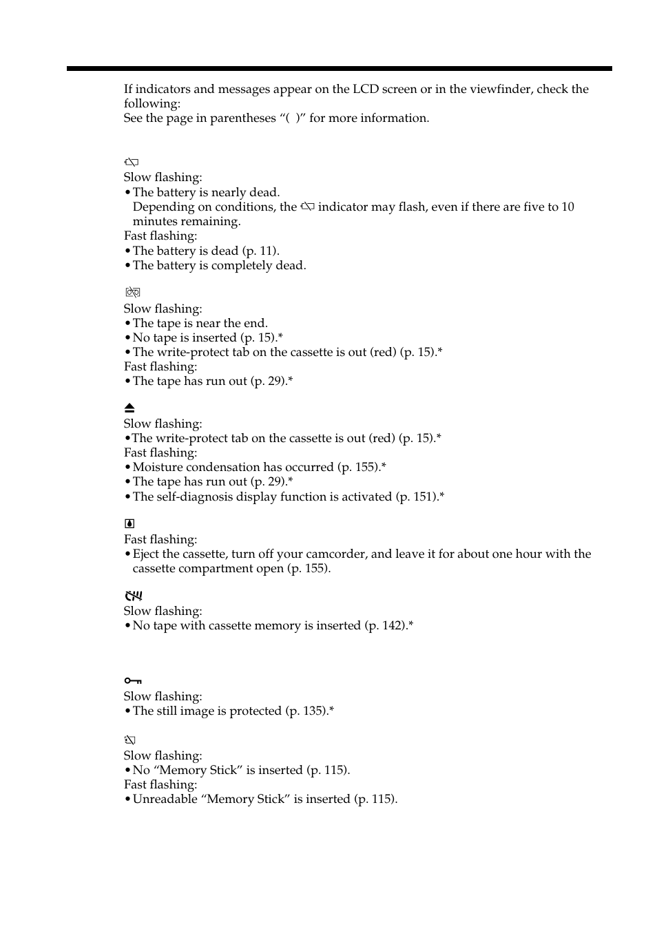 Warning indicators and messages | Light & Motion DSR-PD150 User Manual | Page 152 / 172