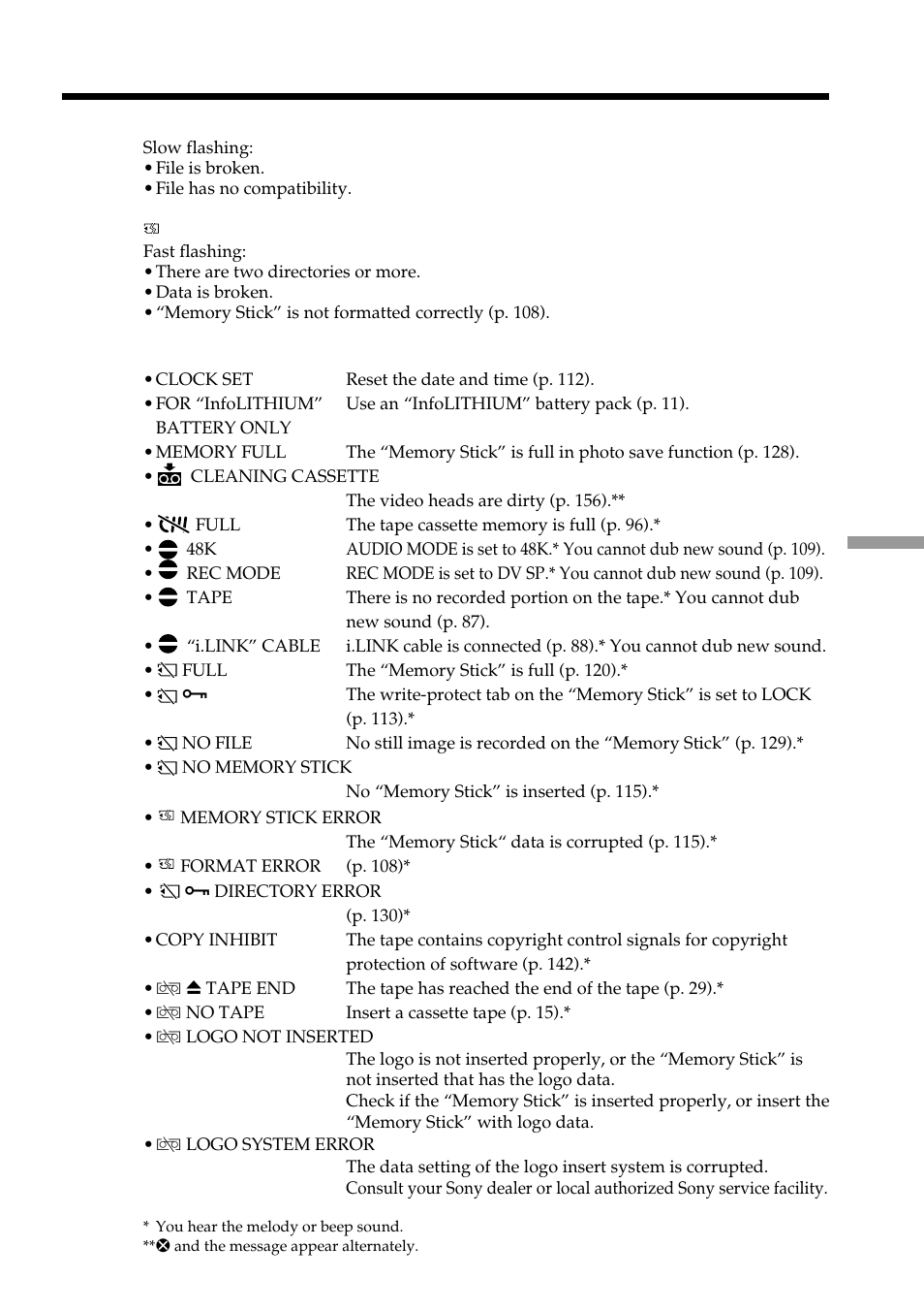 Warning indicators and messages | Light & Motion DSR-PD150 User Manual | Page 153 / 172