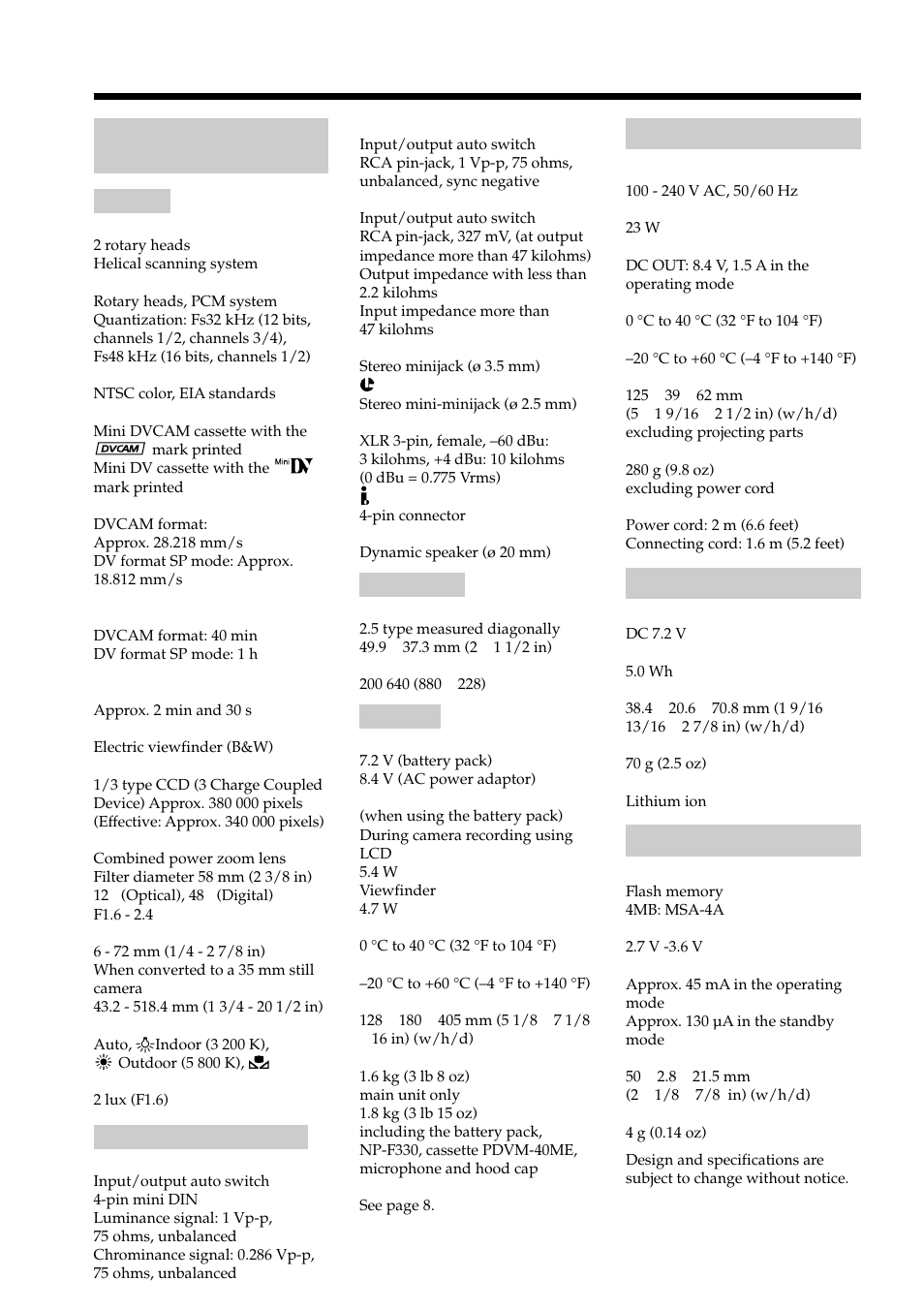 Specifications, Ac power adaptor, Battery pack | Video camera recorder | Light & Motion DSR-PD150 User Manual | Page 160 / 172