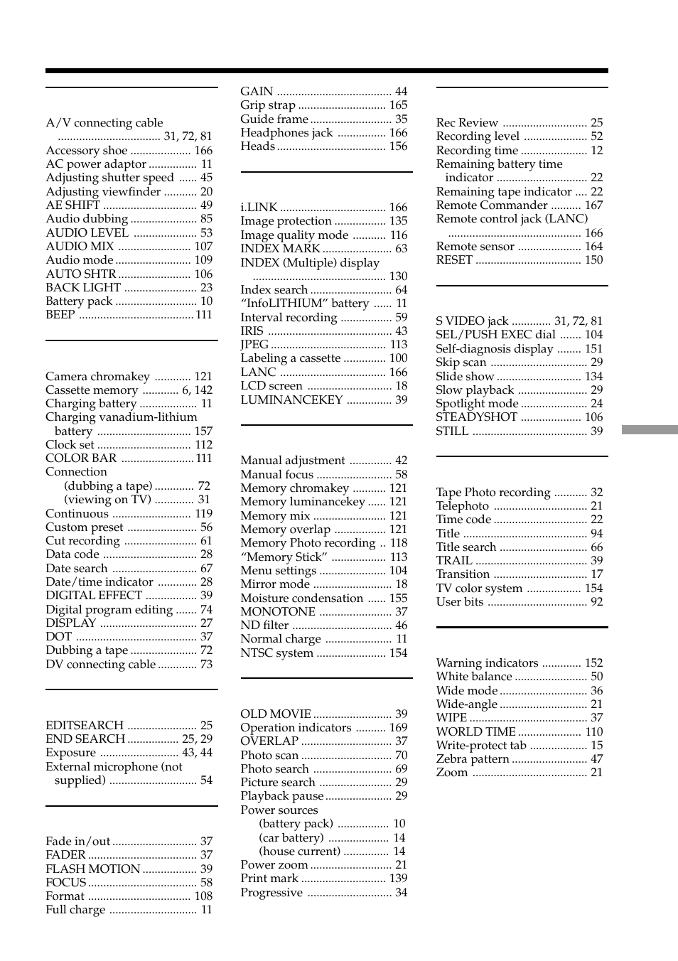 Index | Light & Motion DSR-PD150 User Manual | Page 171 / 172