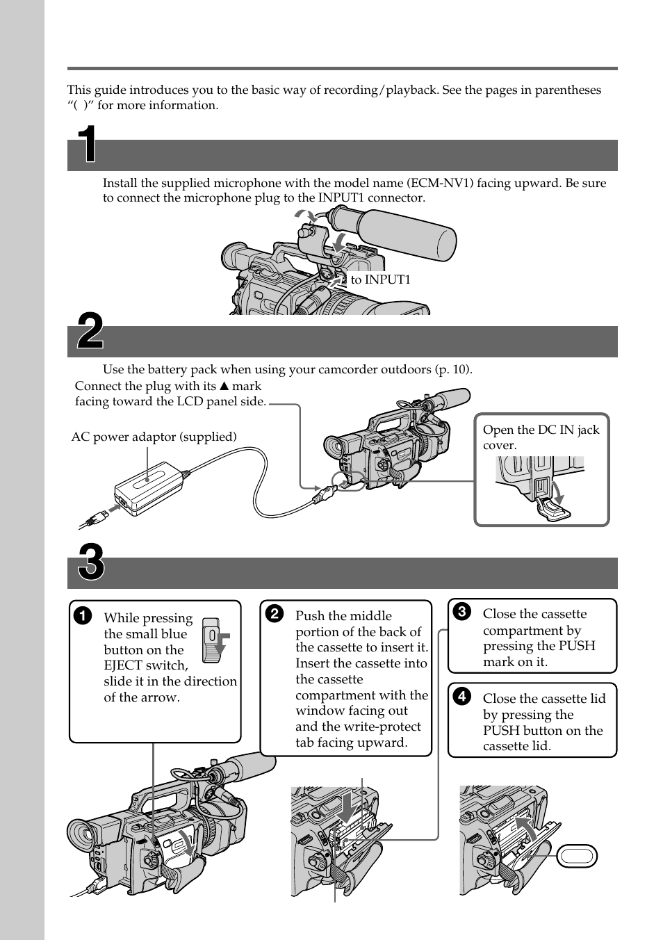 Quick start guide, Connecting the power cord, Inserting a cassette | Installing the microphone | Light & Motion DSR-PD150 User Manual | Page 4 / 172