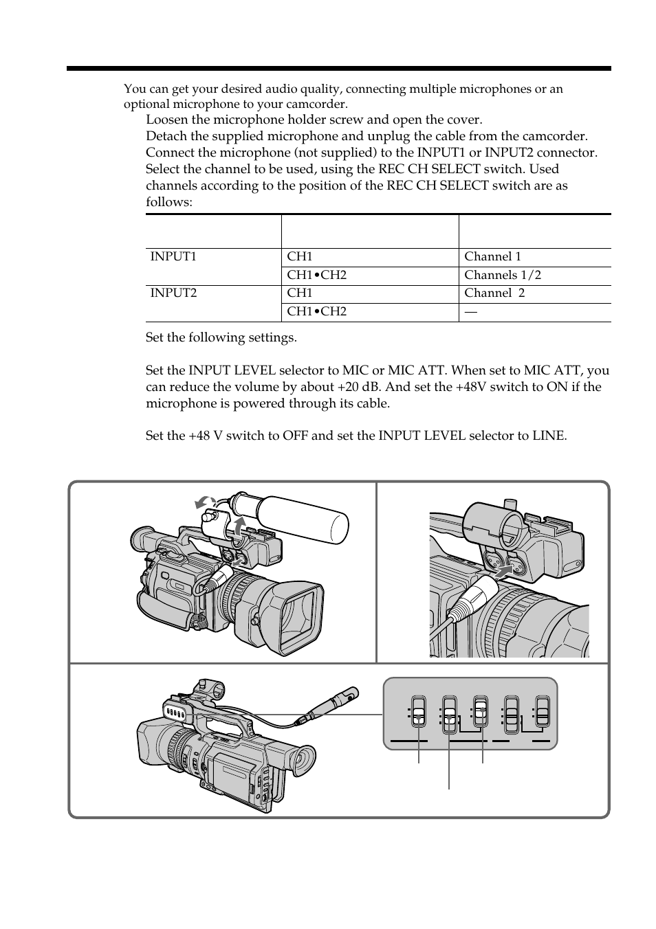 Connecting an optional external microphone, Rec ch select +48 v input level | Light & Motion DSR-PD150 User Manual | Page 54 / 172