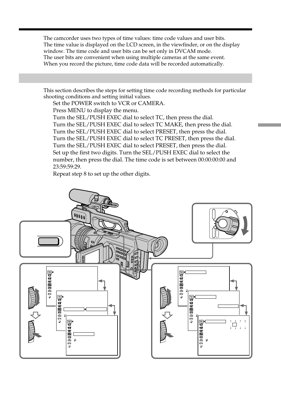 Setting time values, Setting the time code value | Light & Motion DSR-PD150 User Manual | Page 89 / 172