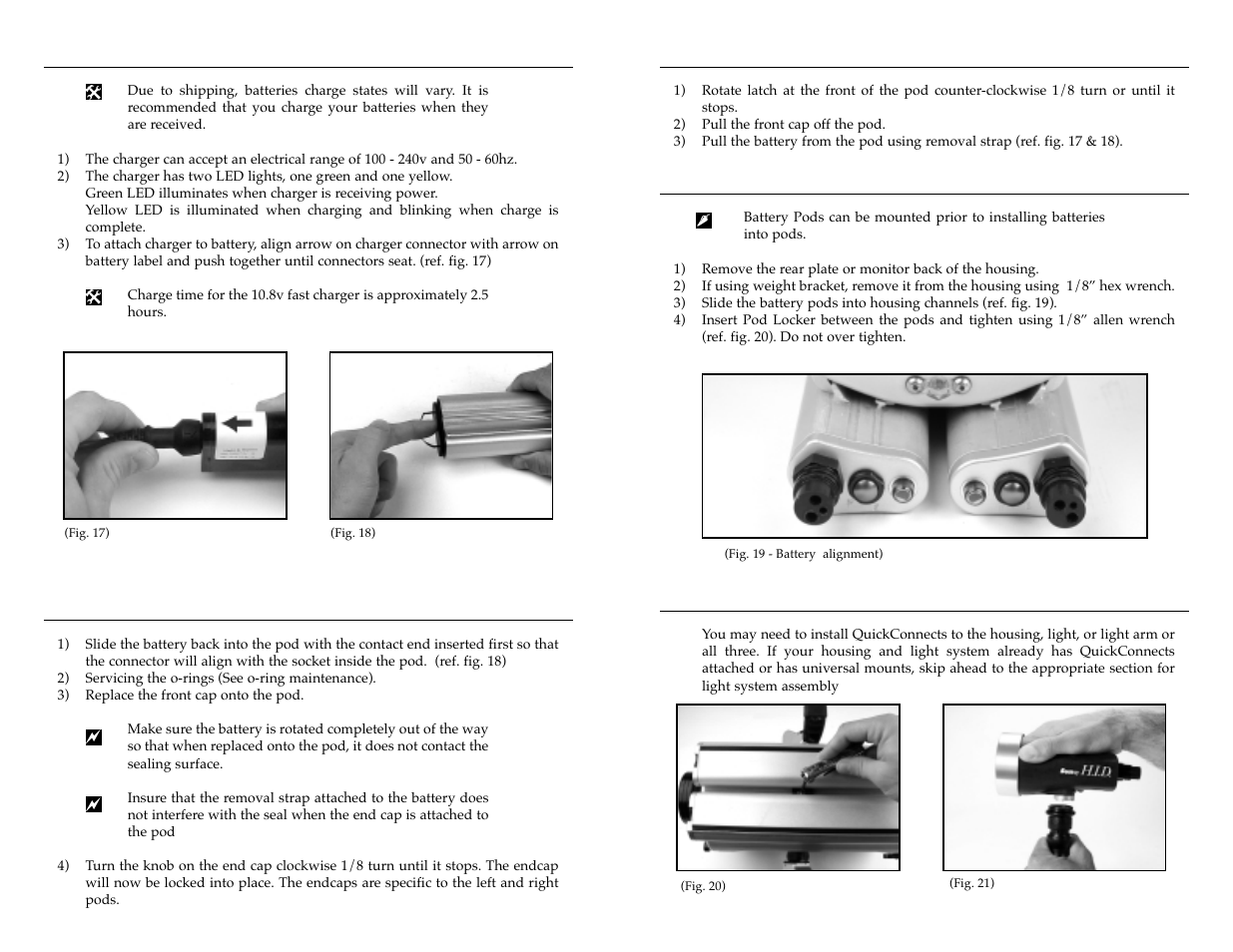 Removing batteries, Mounting battery pods, Installing and using quickconnects | Charging batteries, Installing batteries | Light & Motion VX2000 User Manual | Page 10 / 17