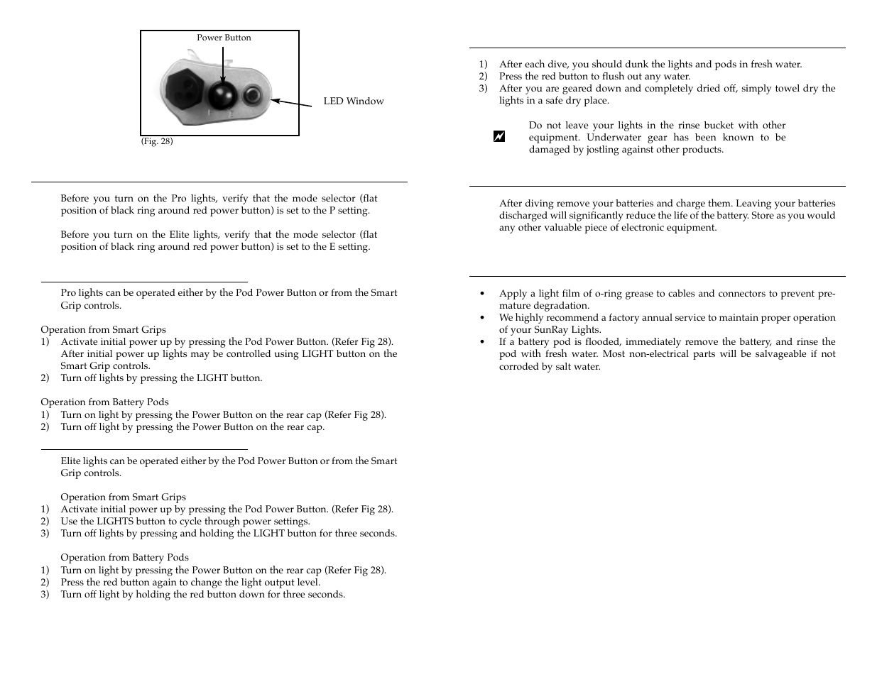 Light operation, Post dive cleaning, Storage | Other maintenance | Light & Motion VX2000 User Manual | Page 12 / 17