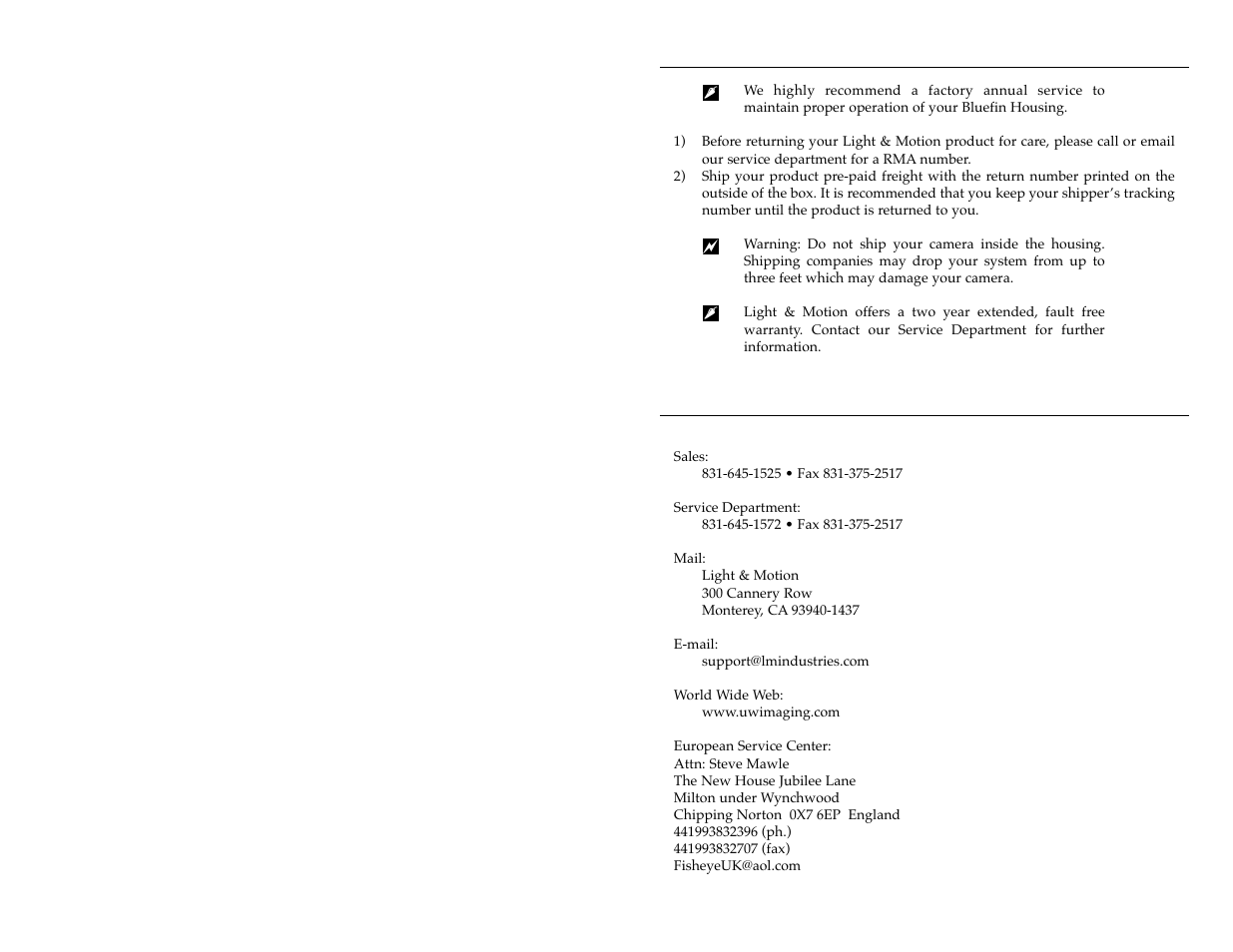 Returning products for care, Contact light & motion | Light & Motion VX2000 User Manual | Page 16 / 17