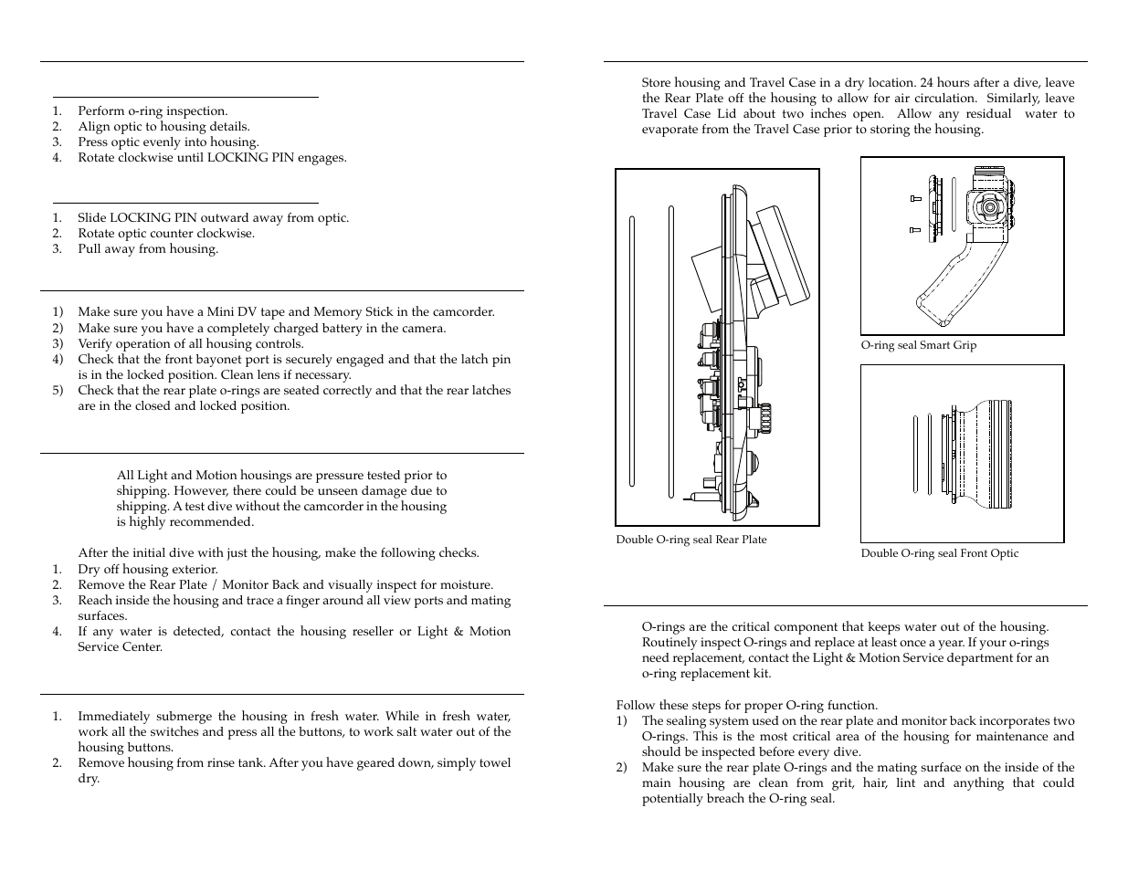 Housing storage, Front optic installation / removal, Pre-dive checklist | First time use, After diving care, O-ring care & maintenance | Light & Motion VX2000 User Manual | Page 7 / 17