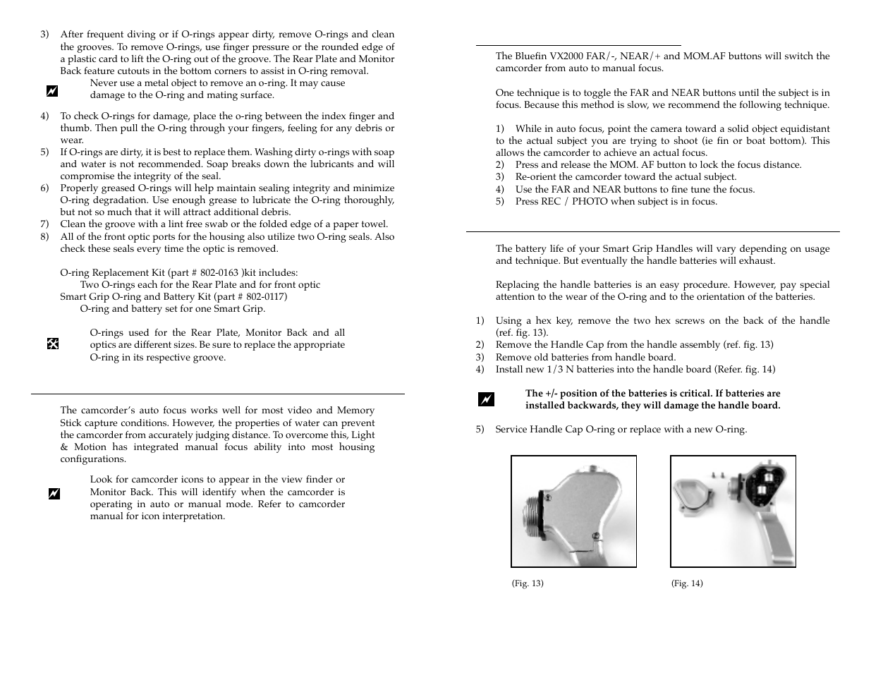 Replacing handle batteries, Focus techniques, Using manual focus | Light & Motion VX2000 User Manual | Page 8 / 17