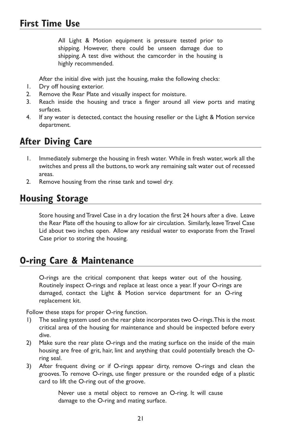 First time use, After diving care, Housing storage | O-ring care & maintenance | Light & Motion HC3 User Manual | Page 21 / 24
