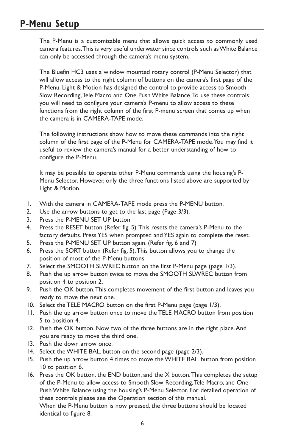 P-menu setup | Light & Motion HC3 User Manual | Page 6 / 24