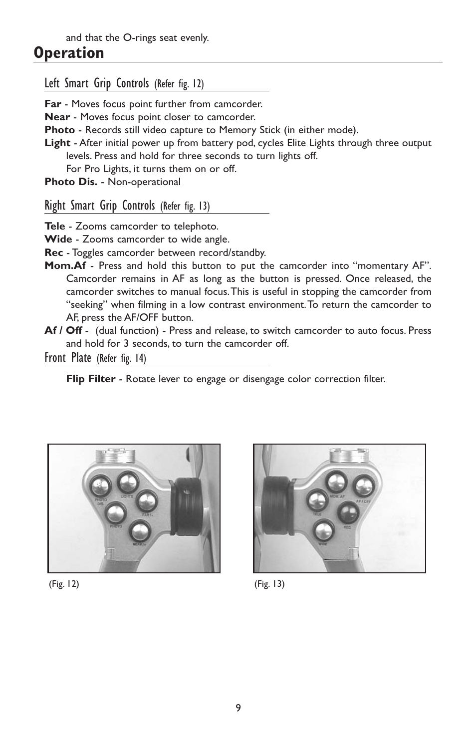 Operation, Left smart grip controls, Right smart grip controls | Front plate | Light & Motion HC3 User Manual | Page 9 / 24