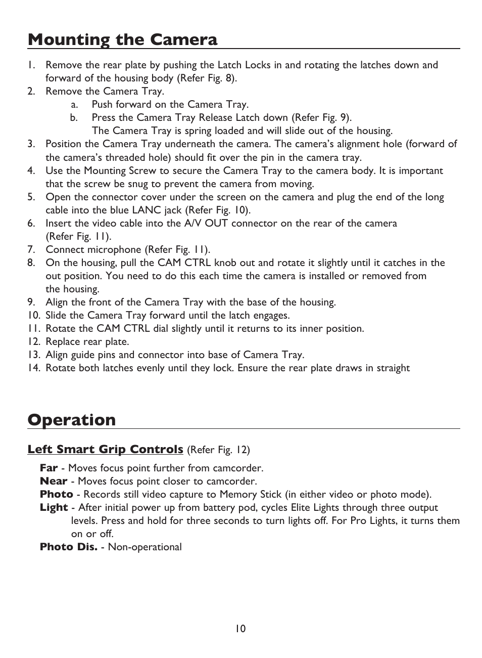 Mounting the camera, Operation | Light & Motion BLUEFIN HC7 User Manual | Page 12 / 32