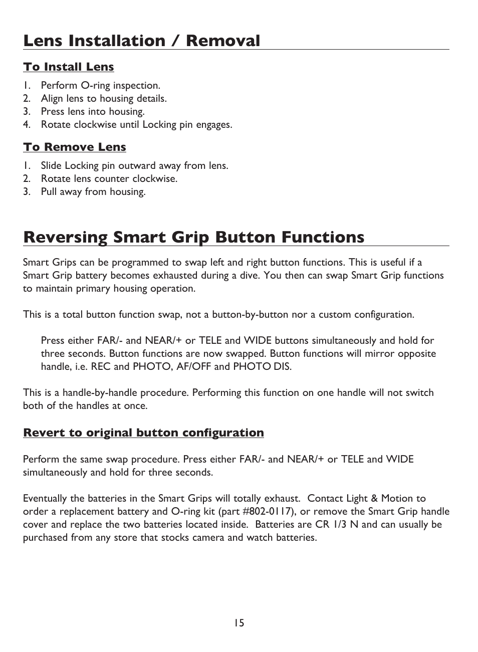 Lens installation / removal, Reversing smart grip button functions | Light & Motion BLUEFIN HC7 User Manual | Page 17 / 32