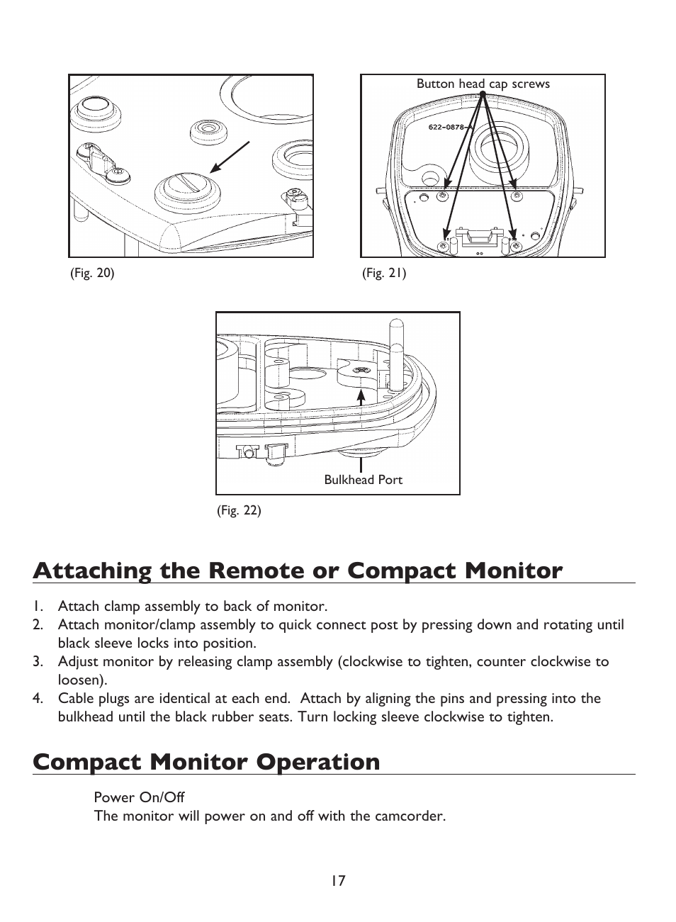 Attaching the remote or compact monitor, Compact monitor operation | Light & Motion BLUEFIN HC7 User Manual | Page 19 / 32