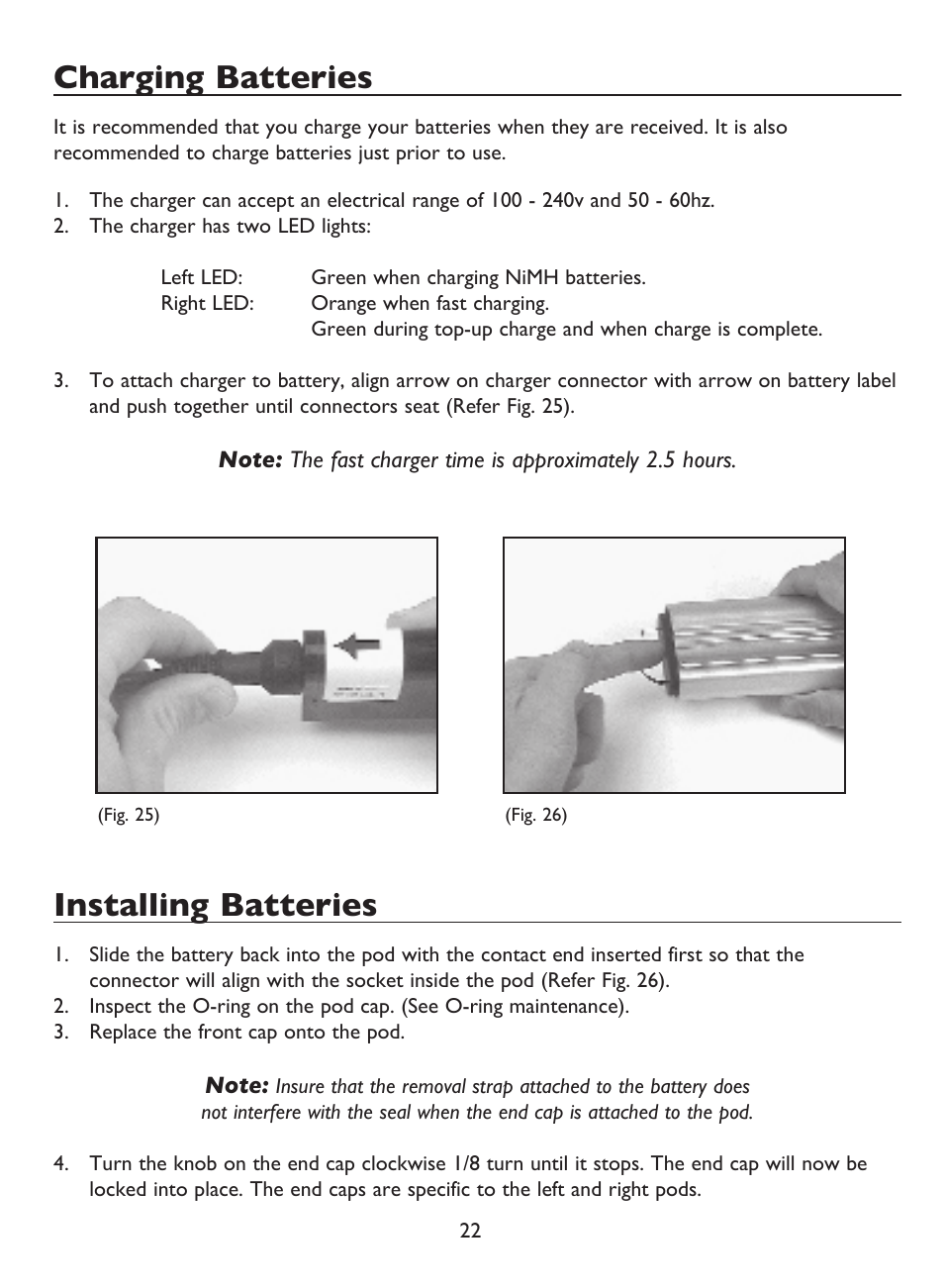 Charging batteries, Installing batteries | Light & Motion BLUEFIN HC7 User Manual | Page 24 / 32