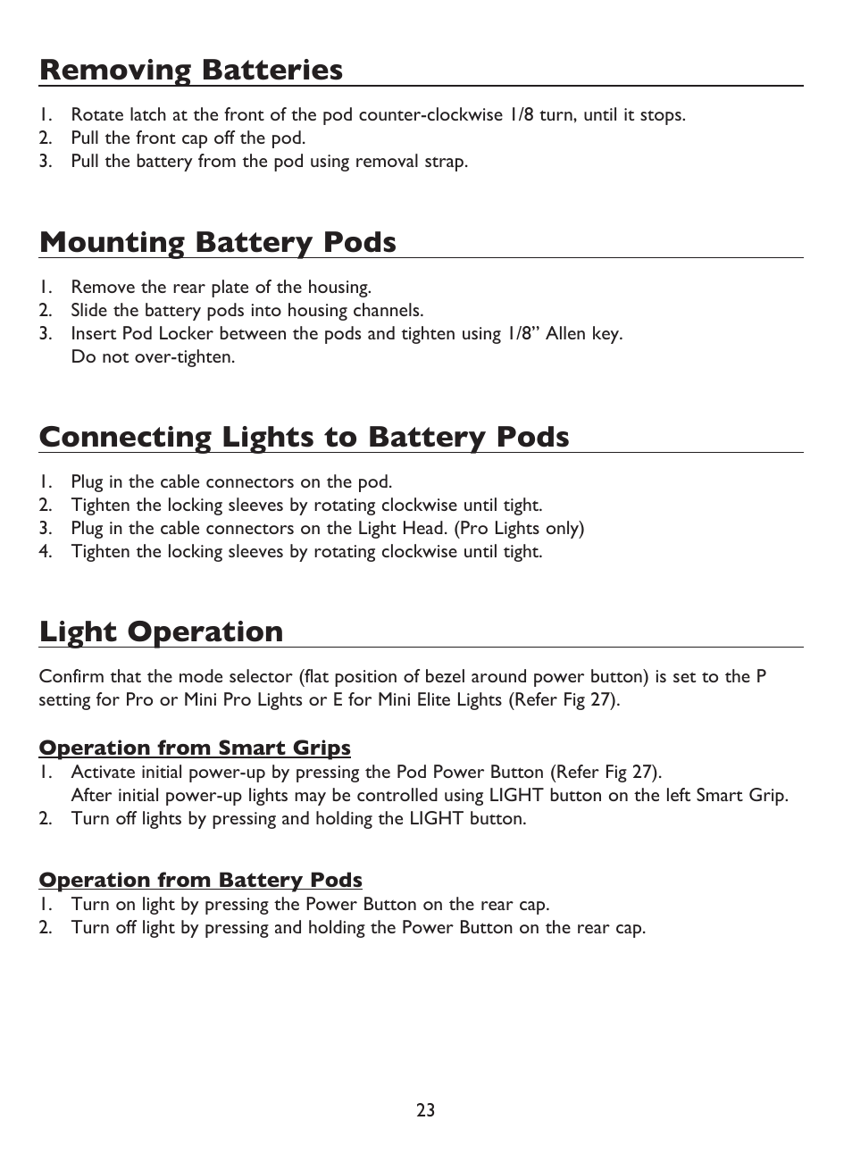 Removing batteries, Mounting battery pods, Connecting lights to battery pods | Light operation | Light & Motion BLUEFIN HC7 User Manual | Page 25 / 32