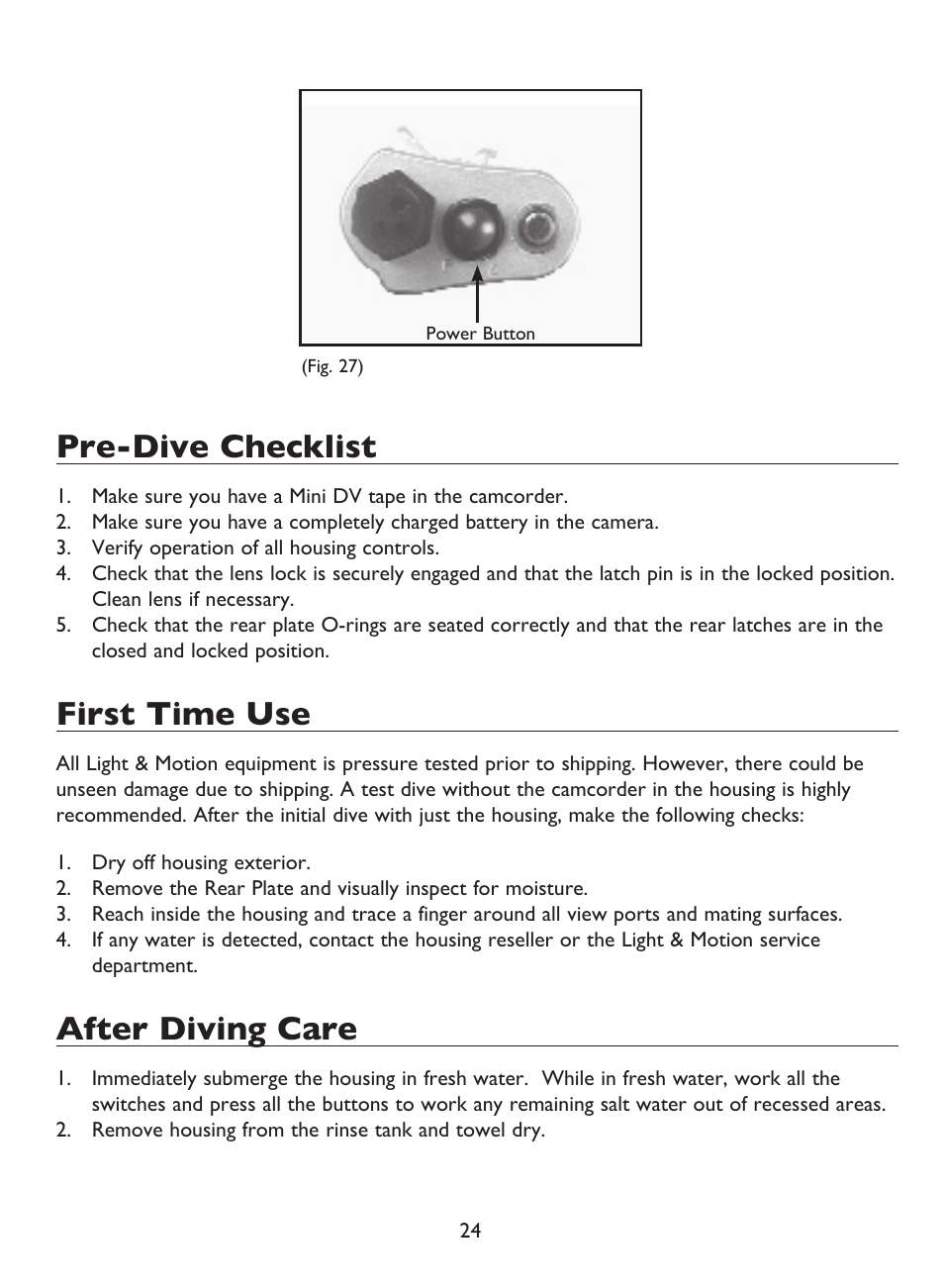 Pre-dive checklist, First time use, After diving care | Light & Motion BLUEFIN HC7 User Manual | Page 26 / 32